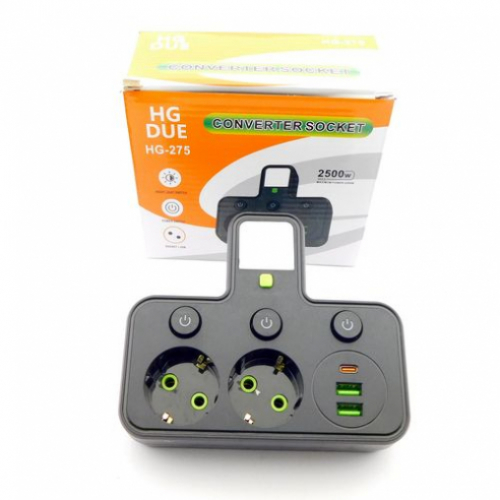 Разветвитель HG-275 в розетку, 2гн, 2USB, 1TPC, подсветка