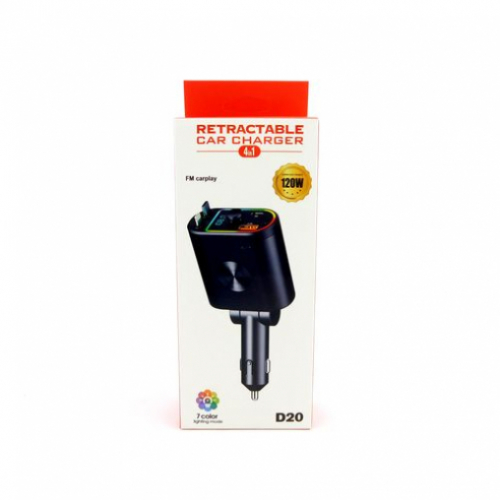 Зарядка авто D-20 два шнура, FM трансмиттер, USB, TPC, в коробке